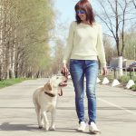 Picture of woman outside walking a yellow lab down a wide sidewalk